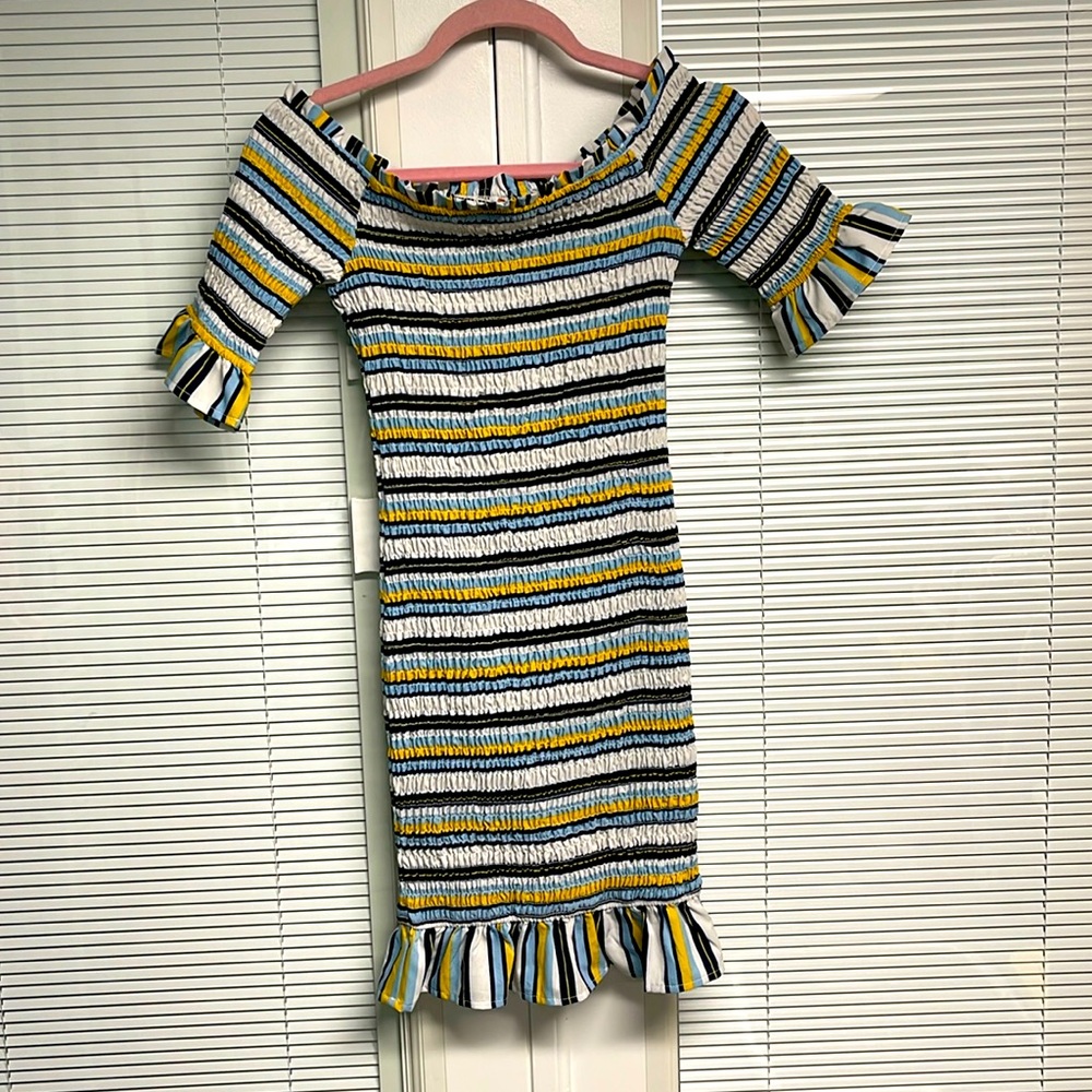 A.CALIN BY FLYING TOMATO BLUE/YELLOW/WHITE STRIPED SHIRRED FLIRTY DRESS SIZE S